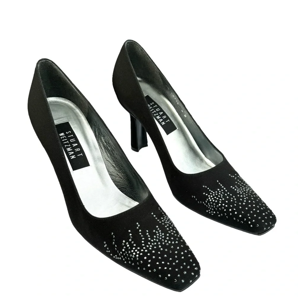 Stuart Weitzman Heels Crystal Embellishment Satin Black Pumps - Picture 1 of 17